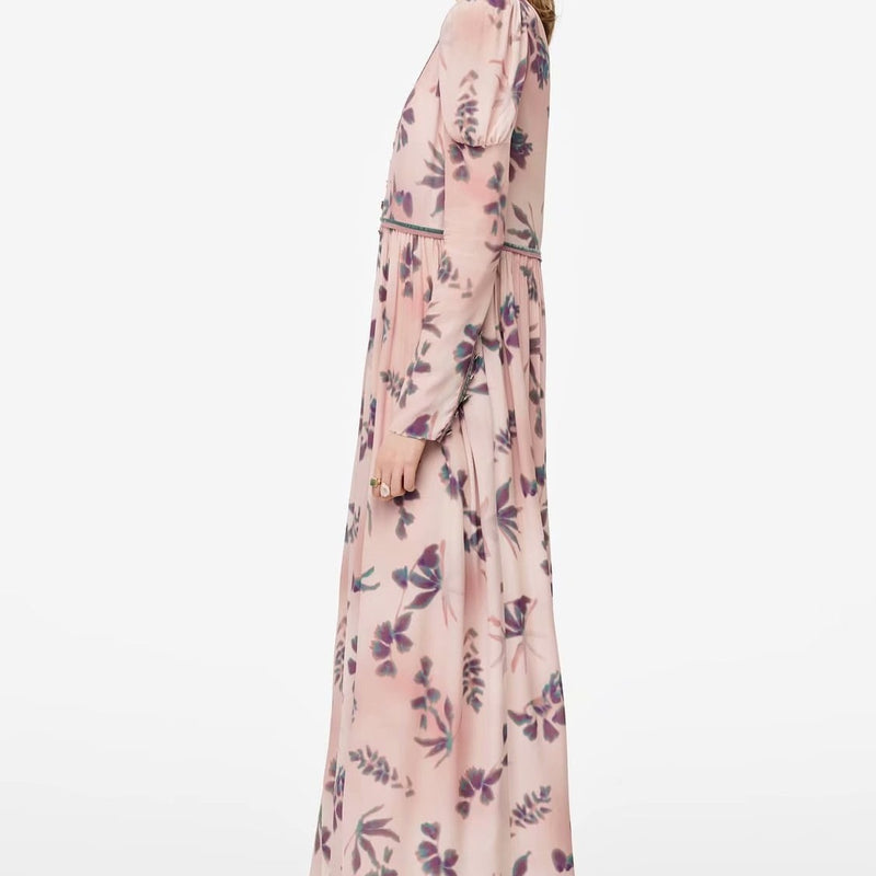 Women Dresses V-neck Button Print Loose Floral Long Sleeve Fashion Formal Dress