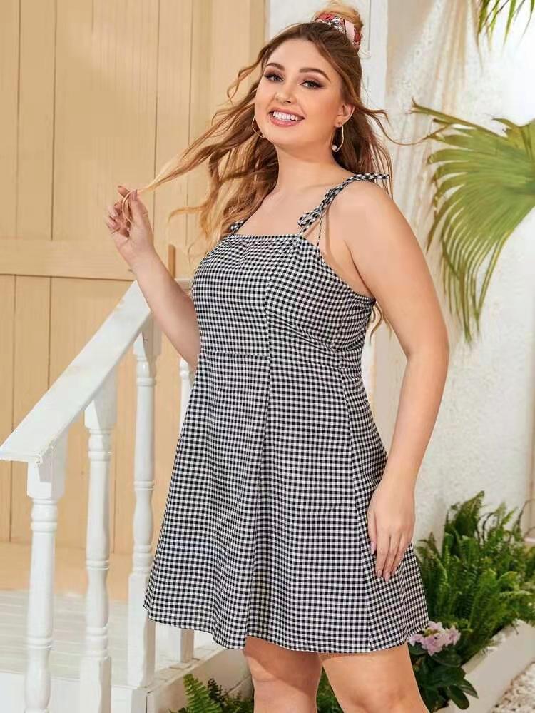 Women Plus Size Mini Dresses Suspender Plaid Dress