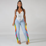 Women Plus Size Jeans High Waist Slim Fit Multicolored Tassel Denim Skinny Pants