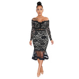 Long Sleeve Lace Fishtail Skirt Swing See-through Dress