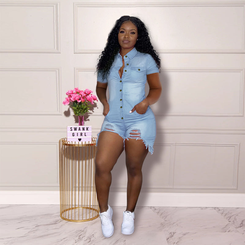 Women Plus Size Denim Shorts Fashion One-Piece Denim Shorts