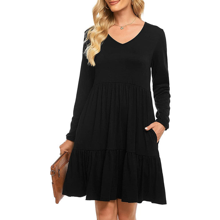Work Dresses with Pockets Casual Autumn Long Sleeve Loose Dress with Pockets