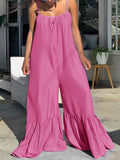 Women Plus Size Pants Suspenders Loose Flared Solid Color Jumpsuit