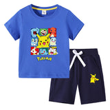 Children Pokemon Pikachu Tshirts & Shorts round Neck Half Sleeve T-shirt Suit Cotton Two-Piece Suit