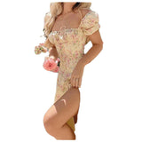 Women Exotic Dresses Summer French Style Dress Floral Slim-Fitting Split Long Dress