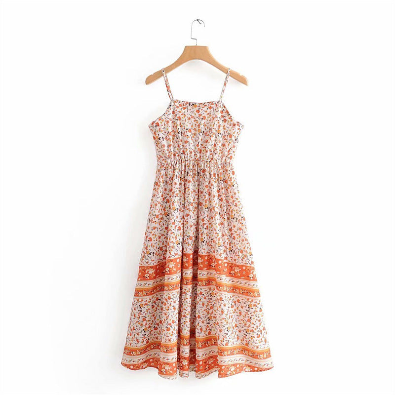 Beth Dutton Bohemian Dress Summer Spring Midi Dresses Printed Elastic Waist Suspender Dress