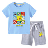 Children Pokemon Pikachu Tshirts & Shorts round Neck Half Sleeve T-shirt Suit Cotton Two-Piece Suit