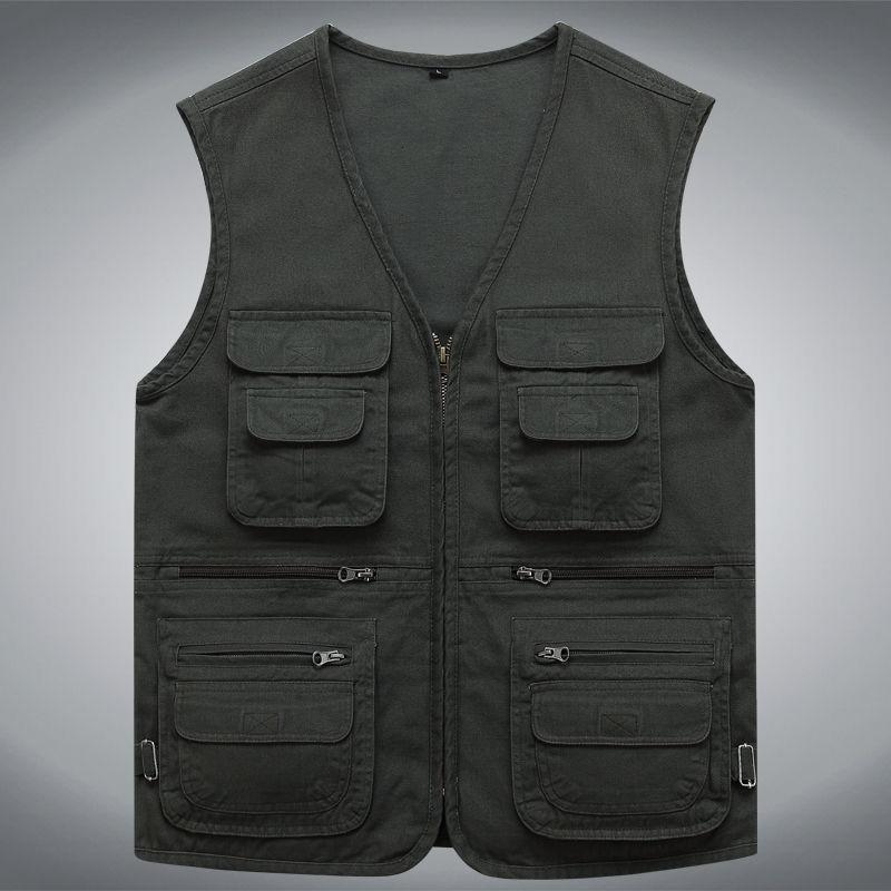 Men Utility Vest Work Zipper Tactical Work Vest Slim Pocket Jacket Outdoor Leisure Men's Loose plus Size Multi-Pocket