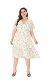 Women Plus Size MIDI Dressesv Collar Waist Trimming Short-Sleeved Printed Dress