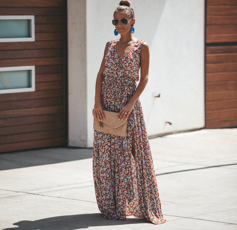 Beth Dutton Bohemian Dress Summer Spring Midi Dresses Summer Rayon Dress V-neck Printed Lace-up Beach Maxi Dress