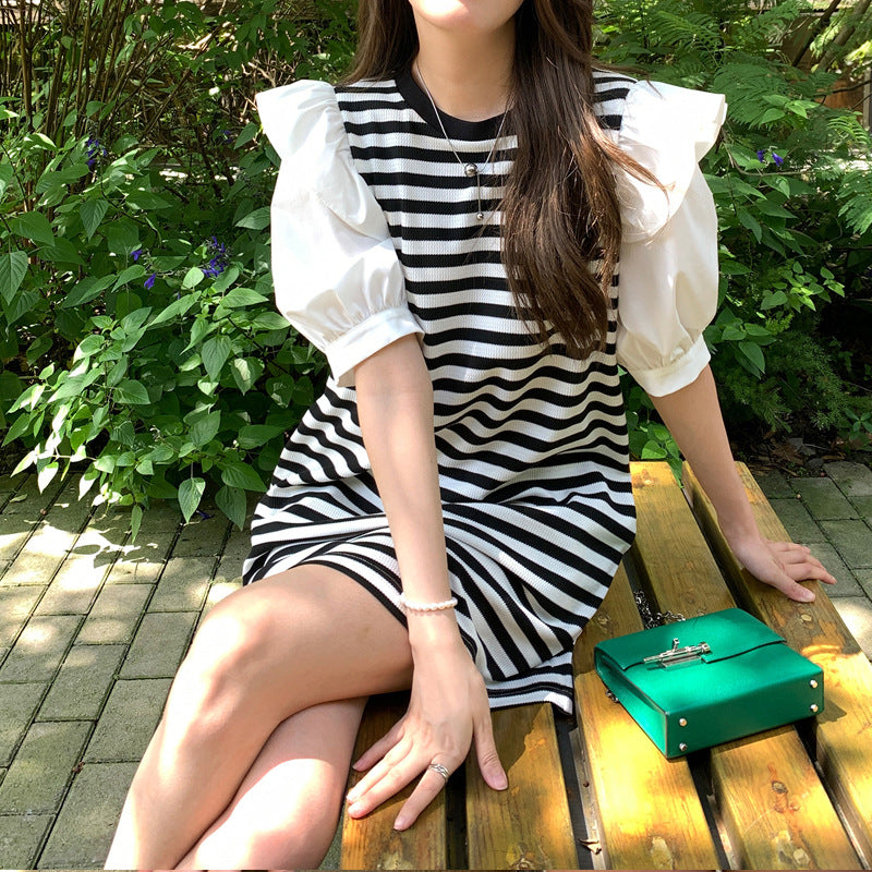 Black and White Dress Summer Black and White Striped Short Sleeve Knitted Dress