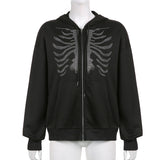 Skeleton Hoodie Sternum Rhinestone Zipper Hooded Loose Sweater