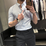 Men Shirts Slim-Fit Half-Sleeve Striped Stand-up Collar Shirt