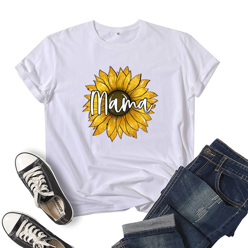 Boy Mama T Shirts Sunflower Mama Printed Short Sleeve round Neck T-shirt