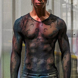 Transparent Shirt for Men Tight Moon Print Top Plaid Embroidery See-through T-shirt