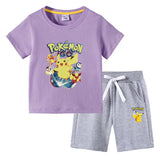 Children Pokemon Pikachu Tshirts & Shorts Cotton Short Sleeve Shorts Two Pieces Neutral