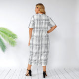 Women Plus Size Maxi Dresses Summer Plaid Stand Collar Short Sleeve Bodycon Dress