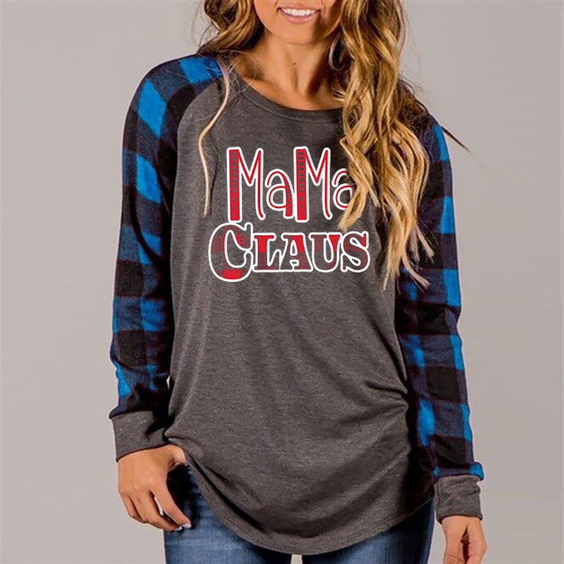 Boy Mama T Shirts Red Plaid Mama Claus Print Contrast Color