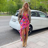 Music Festivals Rave Outfits Dress Summer Sexy Suspenders Low-Cut Slim Fit Split Print Dress