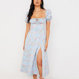 Women Summer Dresses Midi Dress Fashion Puff Sleeve Floral Dress