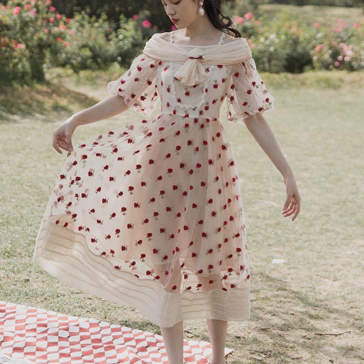 Strawberry Cottagecore Dress  Embroidered Dress Casual Fashionable