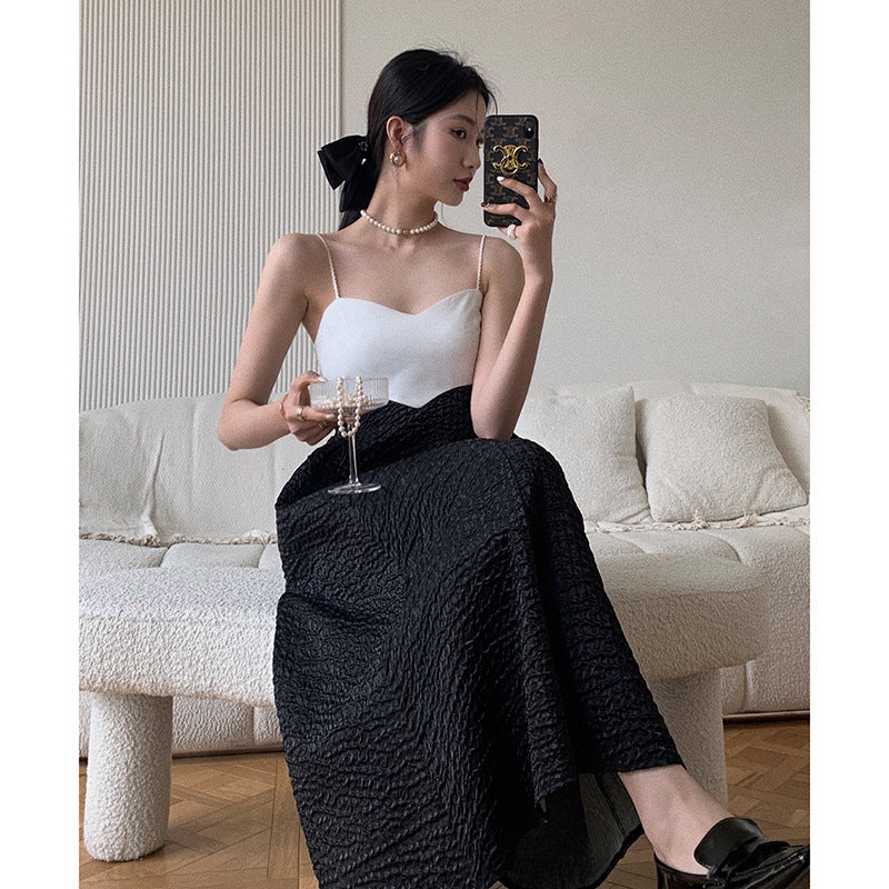 Black and White Dress French Hepburn Style Color Matching Suspender Dress