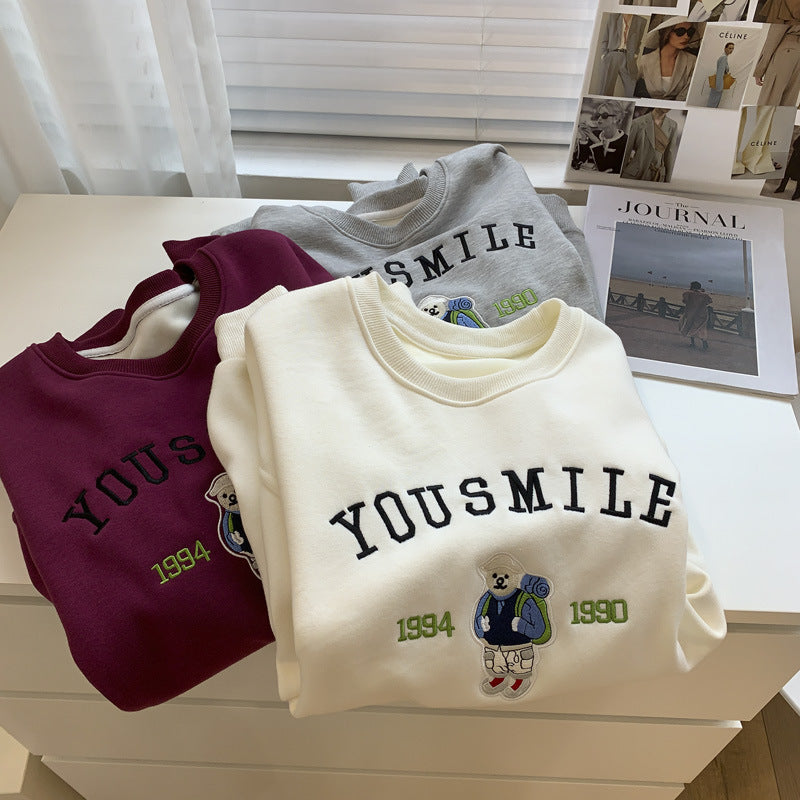 Diana Harvard Sweatshirt Vintage Bears Embroidery Plush Crew Neck Sweatshirt