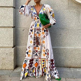 Beth Dutton Bohemian Dress Winter Autumn Midi Dresses V-neck Long Sleeve Printed Maxi Dress For Women Waist-Slimming Dress