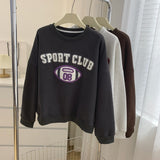 Diana Harvard Sweatshirt Vintage Towel Embroidery Fleece-Lined Crew Neck Sweater Pullover Top