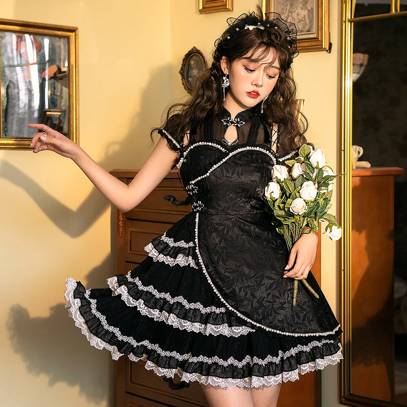 Gothic Lolita Harajuku Style Clothing Lolita Dress Qiluo Op Black Short Cheongsam Elegant Retro Dress