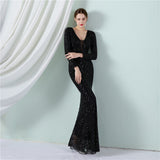 Sequin Evening Dress Elegant Long Sleeve Sequined Queen Fishtail Skirt