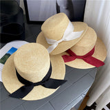 Straw Hat Flat Straw Hat Female Summer Outdoor Bow Sunhat