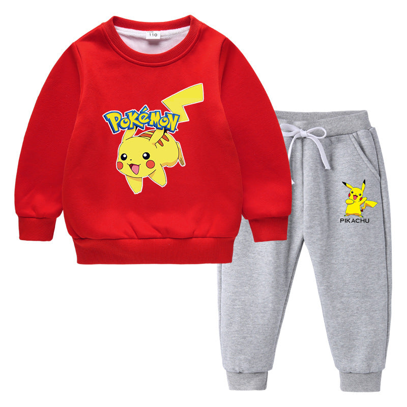 Children Pokemon Pikachu Hoodie & Pant Set Fleece Lined Padded Warm Keeping Winter Clothes Sweatershirt Suit