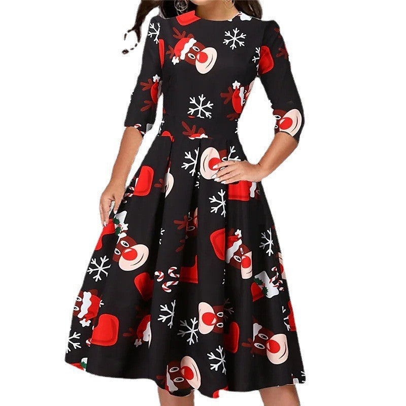 Work Dresses for Teachers Christmas Slimming Printed round Neck 3/4 Sleeves Large Swing Dress