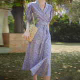 Vintage Empire Waist Dress Retro V-neck Purple Floral Dress Summer