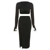 Women Top & Skirt 2 Piece Set Winter Long Sleeve V-neck Midriff-Baring T-shirt Split Skirt Suit