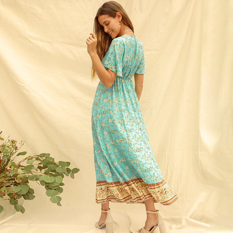Beth Dutton Bohemian Dress Summer Spring Midi Dresses Short Sleeve V-neck Floral Dress