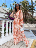 Women Exotic Dresses Printed V-neck Long-Sleeve Dress