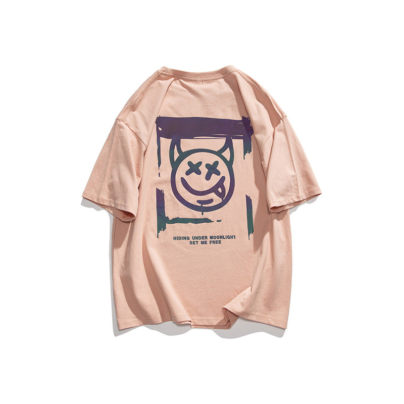Men Tshirts Little Devil Smiley Face Printed Short-Sleeved T-shirt Men's Loose-Fitting plus Size Half-Length Sleeves Cotton Spring and Summer
