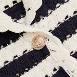 Black and White Dress Law V-neck High Waist Puff Sleeve Striped Hollow-out Knitted Dress