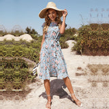Women Exotic Dresses Summer Blue Flower Print Holiday Dress