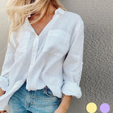 Women Bohemian Shirts Women's Summer Solid Color Long Sleeve Shirt Lapel Cotton