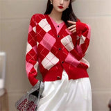 Preppy Aesthetic Outfits Rhombus Plaid Cardigan Sweater Women's Coat