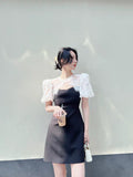 Black and White Dress French Retro Black and White Decorative Stitching Lace Short Sleeve Dress Hepburn Black Dress
