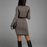 Women Dress Winter Vintage Slim-Fit Contrast Colors Cardigan Printed Dress