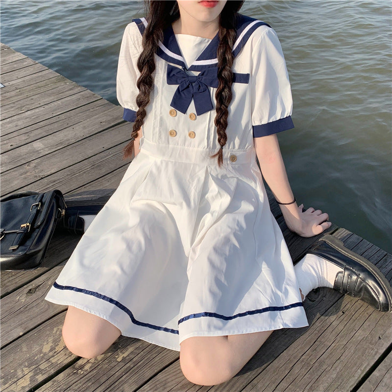 Gothic Lolita Harajuku Style Clothing College Style Sailor Collar Contrast Color Double Breasted Dress for Women