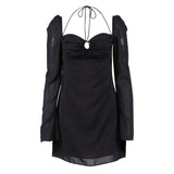 Bella Hadid Dress Sexy Chiffon Pleated Backless Flared Sleeve Dress