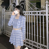Gothic Lolita Harajuku Style Clothing Early Autumn Plaid Coat Short Suit Top Vest Pleated Skirt Suit