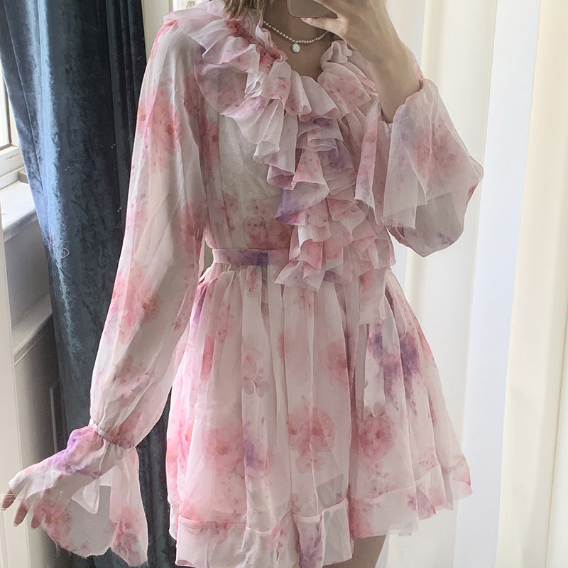 Fairy Dress Fairy Dress Pants Romantic V-neck Lace-up Printed Chiffon Suspender Long Culottes