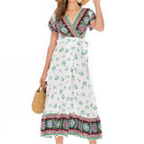 Beth Dutton Bohemian Dress Summer Spring Midi Dresses Sexy V-neck Waist Printed Beach Dress Maxi Skirt